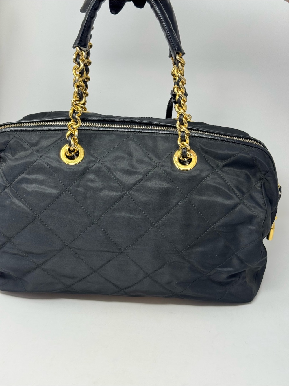 💯Authentic PRADA Black Nylon Triangle Golden Chain Shopper Bag - Picture 4 of 10